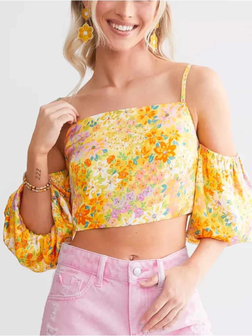 Yellow Floral Cold-Shoulder Crop Top with Spaghetti Straps